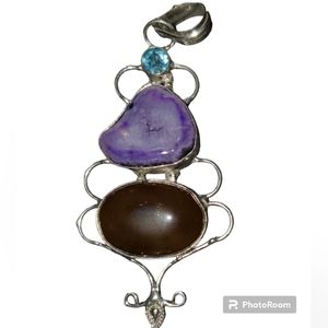 Silver Pendant Blue Quartz Sliced & Lace Agate